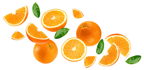 flying orange fruits with slices and green leaves isolated on white background. clipping path