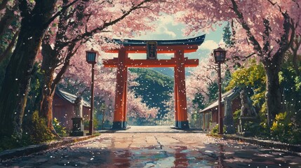 Serene Cherry Blossom Pathway Through Traditional Japanese Torii Gate