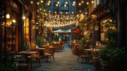 Cozy Evening Street Dining with Decorative Lights and Charming Ambiance