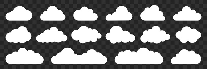 Set of white cloud icons on a transparent background. Various cloud shapes and cloud designs. Perfect for weather, cloud graphics, and cloud illustrations. Weather illustration, vector set.