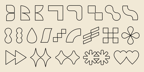 A collection of abstract geometric shapes, featuring lines, curves, and angles. These geometric shapes include stars, hearts, and arrows. Abstract and geometric design. Black shapes, vector set.