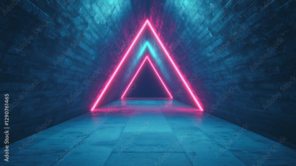 Poster vibrant neon light in a triangular pattern illuminates a dark corridor.