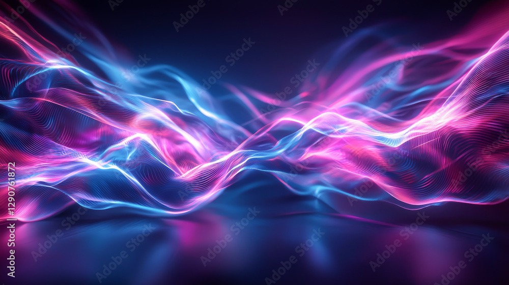 Poster vibrant neon wave patterns in pink and blue against a dark background, creating a dynamic visual.