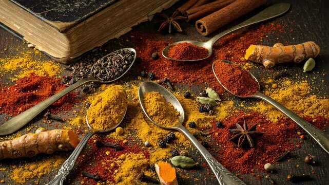 A vibrant array of spices arranged on a wooden surface