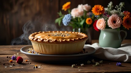 A steaming pie on a rustic table with flowers and a cup, evoking warmth and homeliness.