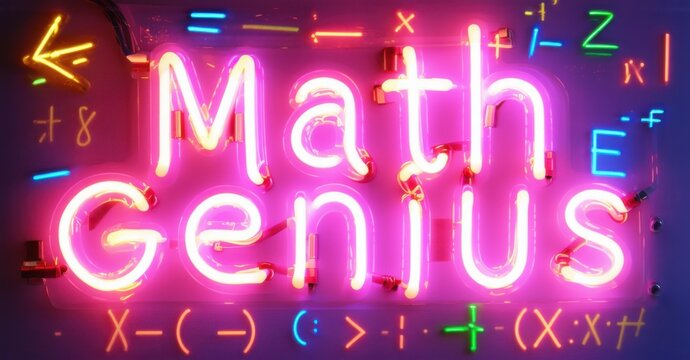 Neon sign math genius glowing calculator equations bright colorful realistic photo