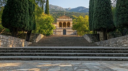 Stone staircase leading to a classical building nestled in a mountain landscape.