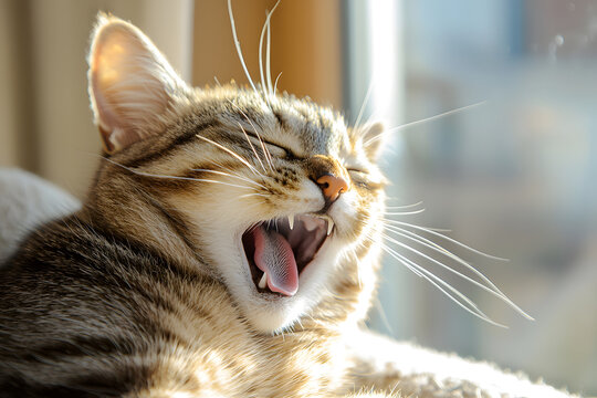 close up of yawning cat with whiskers stretched, enjoying sunlight. cat relaxed expression captures moment of tranquility and comfort