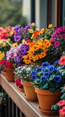 Fototapeta premium Bright and Colorful Flower Pots Decorate a Balcony in Spring