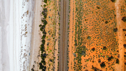 Train tracks divide a saltlake and the desert in the Australian outback, seen from above  © Patrick