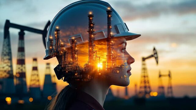 Woman wearing a hard hat is reflected in a field of oil refineries. Concept of industry and hard work, as well as the importance of safety in such environments