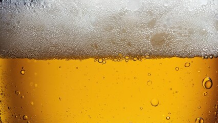 Close-Up of Golden Beer with Foamy Head and Rising Bubbles in a Glass