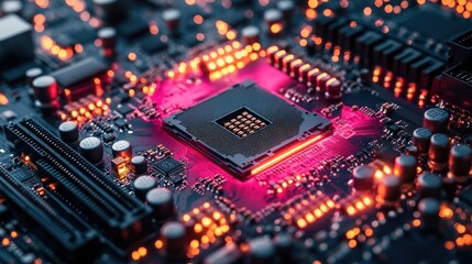 Obraz premium High-tech CPU on motherboard, glowing components, circuit board close-up