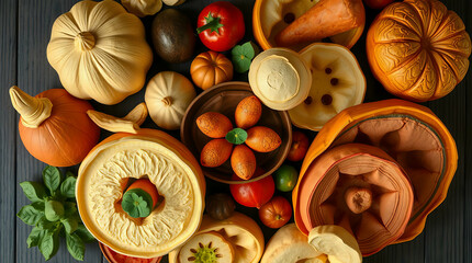 Autumn Still Life: Vibrant Assortment of Pumpkins, Gourds, Tomatoes, Nuts, and Fresh Basil on Dark Wooden Surface