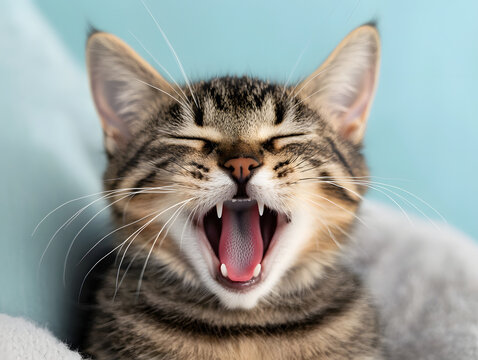 sleepy cat yawning with its mouth wide open, showcasing its teeth and whiskers, resting comfortably on soft surface. scene conveys sense of relaxation and contentment