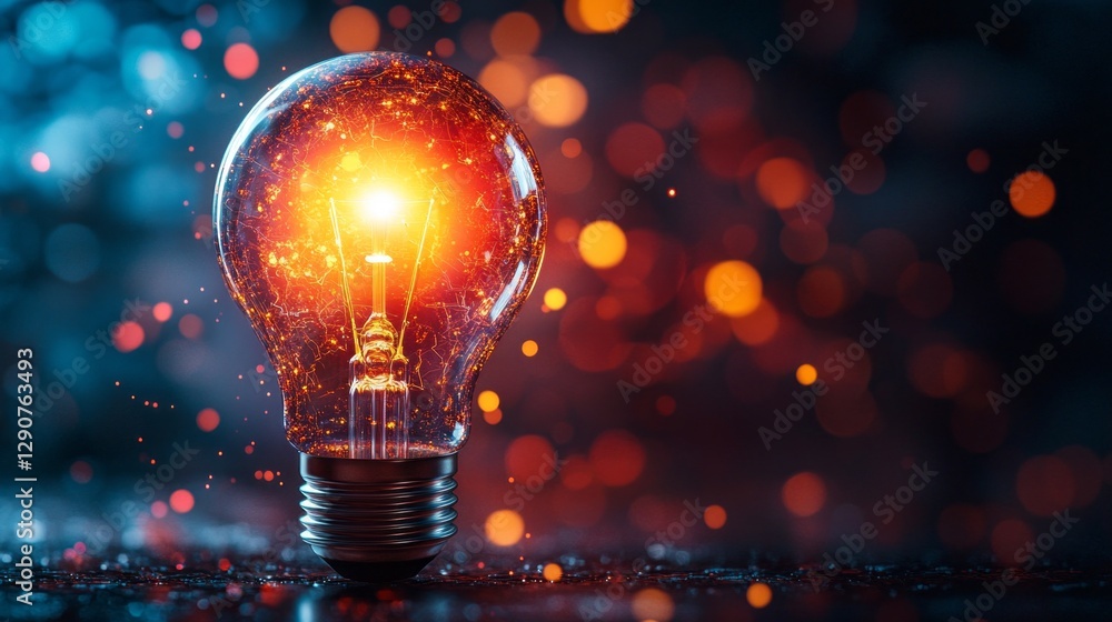 Aufkleber Illuminated with warmth, the lightbulb captures glowing particles that dance around it, creating a mesmerizing atmosphere of shimmering colors in a darkened space