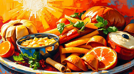 Bold Still Life Painting of Sliced Orange, Pumpkin, Mango, Carrots, and Herbs with Sunburst Background and Vibrant Colors