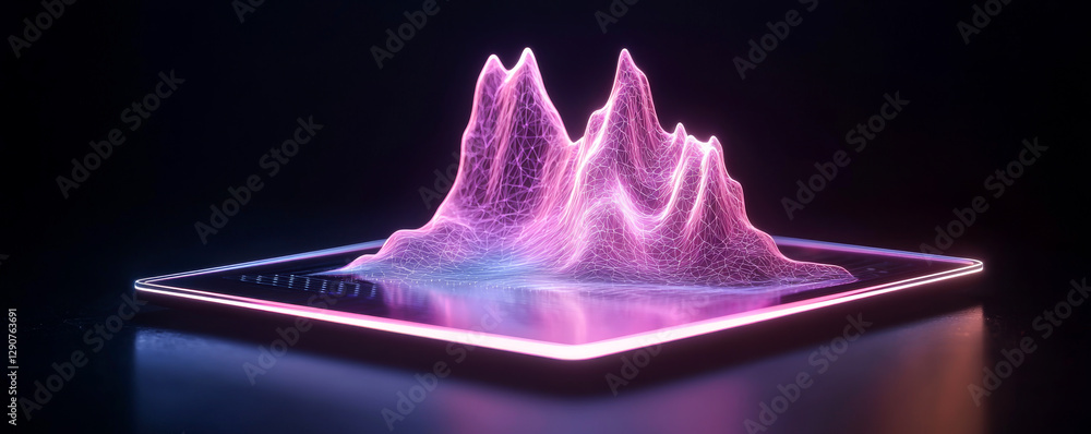 Poster vivid digital landscape with glowing peaks representing data visualization.