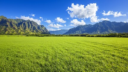 Fototapeta premium Lush Green Field Surrounded by Majestic Mountains Under a Bright Blue Sky