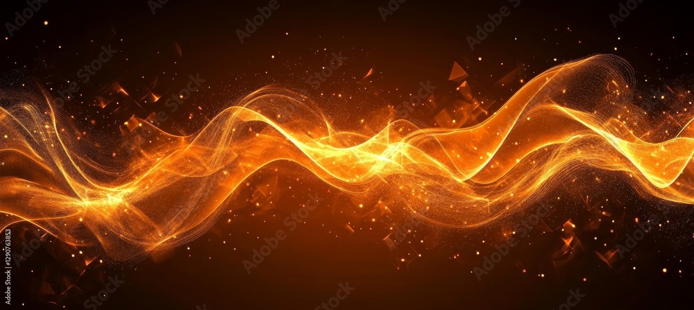 Poster abstract orange wavy lines with particles background technological and futuristic design.