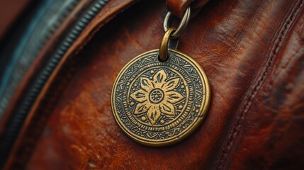 Fototapeta premium Detailed close-up of a decorative metal charm on a brown leather bag