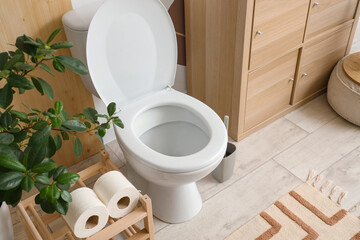 Interior of restroom with toilet bowl, stand and commode