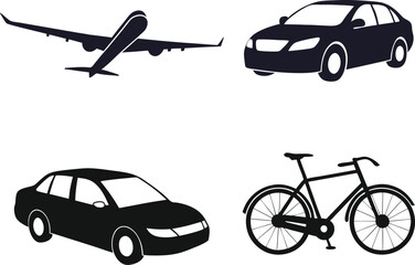 Fototapeta premium Simple Black Silhouette Icons of Airplane, Car, and Bicycle