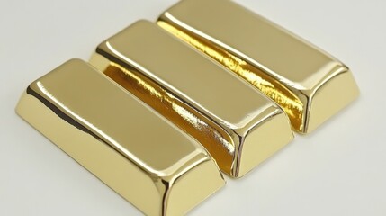 Three gold bars leaning against each other with a smooth shine on a white background