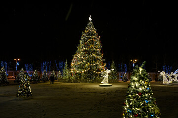 New Year's decoration. Christmas tree near the St. Nicholas Cathedral in Kronshtadt. Celebrating the New Year in Russia.