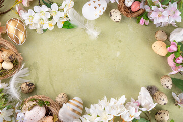 Easter eggs and nests with spring flora background