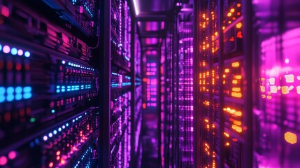 Abstract Purple and Orange Server Room Technology Background Digital Data Center Network Infrastructure Futuristic Technology Illustration Modern     