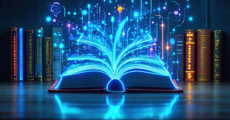 Neon sign futuristic learning holographic book data streams bright colorful realistic photo
