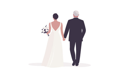 A minimalist vector illustration depicting a bride and groom from the back, holding hands and walking away from the viewer. The bride is wearing a simple, elegant white wedding dress with a low