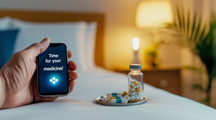 A close-up shot of a hand holding a smartphone displaying a medicine reminder notification. Pill bottles are arranged on a bedside table, health management and medication adherence