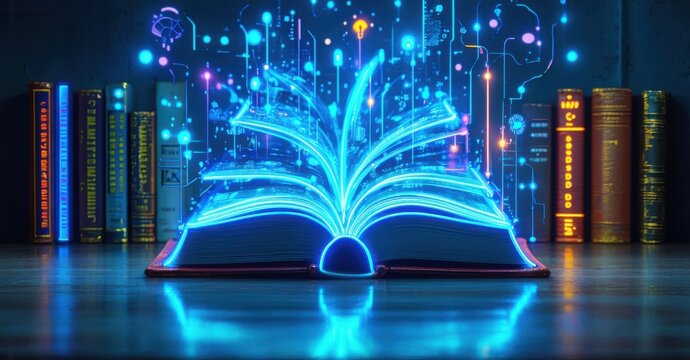 Neon sign futuristic learning holographic book data streams bright colorful realistic photo