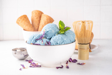 Colorful sweet butterfly pea blue matcha ice cream