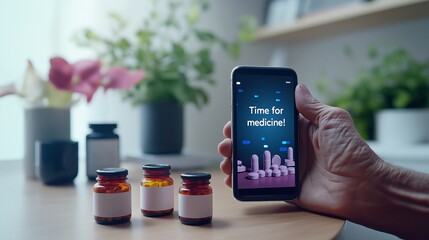 A close-up shot of an elderly hand holding a smartphone with a medication reminder app on the screen. The background includes prescription bottles and a cozy home setting, emphasizing health