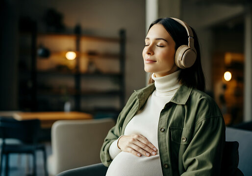 Pregnant Woman Enjoying Music in a Peaceful Setting
