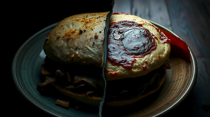 High-Contrast Artistic Photograph of Split Hamburger on Ceramic Plate with Sesame Seeded Bun and Red Sauce, Dramatic Lighting