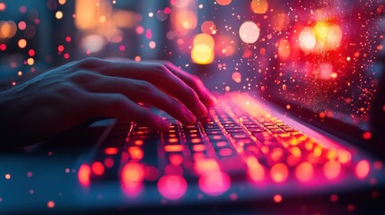 Night city typing, hands on glowing keyboard, bokeh lights