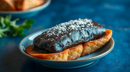 Close-Up Dessert: Chocolate-Covered Pastry with Shredded Coconut on Blue Plate, Featuring Flaky Layers and Garnished with Parsley
