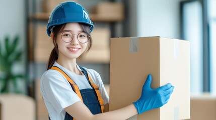 A young female logistics worker in a blue helmet and gloves, smiling confidently while holding a delivery box. The bright and modern setting highlights professionalism and efficiency in courier