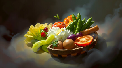 Vibrant Digital Painting of a Basket Filled with Fresh Vegetables, Fruits, and Eggs Against a Soft Blurred Background