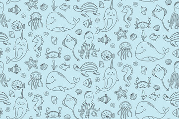 Seamless pattern with cute outline sea animals and shells. Blue background with funny ocean characters in doodle style  © Olga Dykun