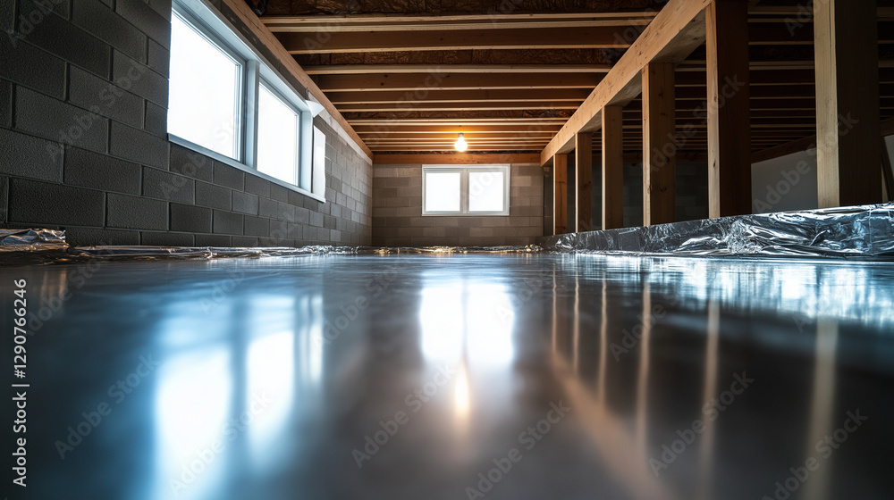 Poster energy-efficient crawl space with shiny reflective insulation blankets and a structured dimple board