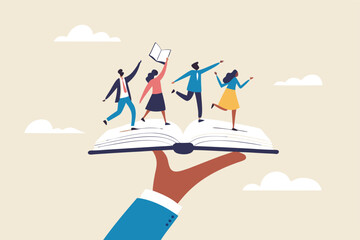 Employee handbook, manual for onboarding new staff, procedure or rule for welcome new hire to know company, business manual for success concept, businessman hand holding handbook with new employees.