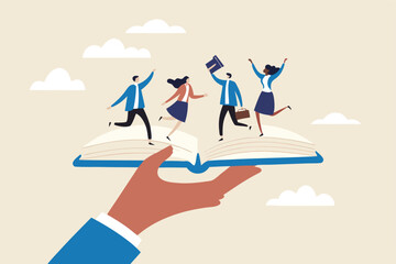 Employee handbook, manual for onboarding new staff, procedure or rule for welcome new hire to know company, business manual for success concept, businessman hand holding handbook with new employees.