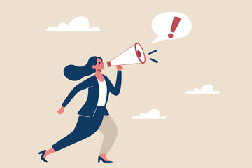 Attention announcement, important message or communicate broadcasting, loudspeaker or exclamation point loud voice concept, confidence businesswoman talking on megaphone with exclamation attention.