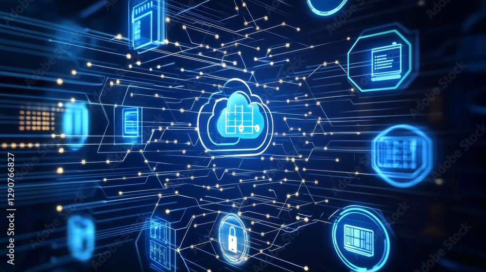 Poster thin lines connection icons outline set of big data center group cloud computing system internet pro