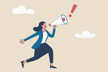 Attention announcement, important message or communicate broadcasting, loudspeaker or exclamation point loud voice concept, confidence businesswoman talking on megaphone with exclamation attention.